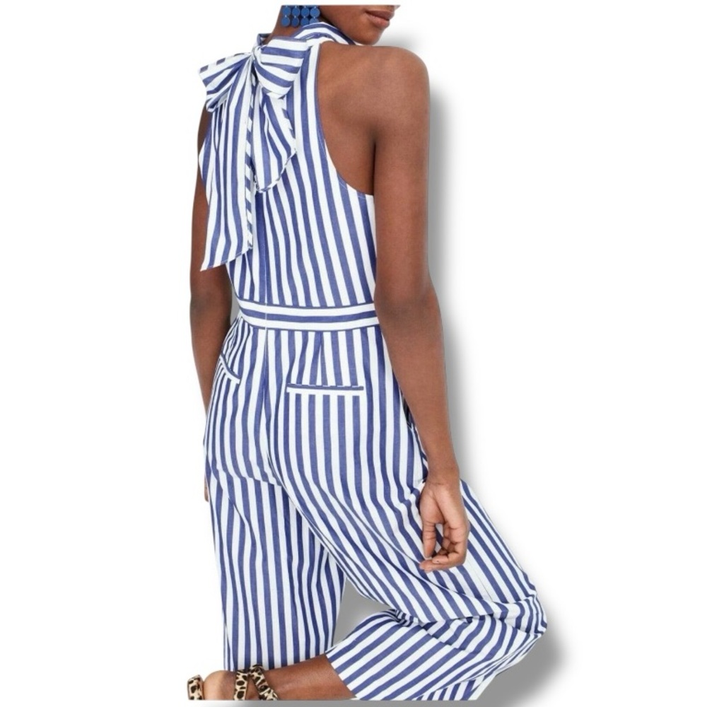 NWT J. Crew Tushar Blue/White Stripe Halter Neck Wide Leg Jumpsuit Size 6 - Picture 6 of 16